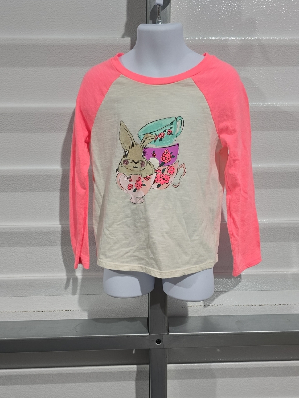 Cherokee Cream Long Sleeve  Tee with Neon Pink Raglan Sleeves & Bunny Graphic 5T